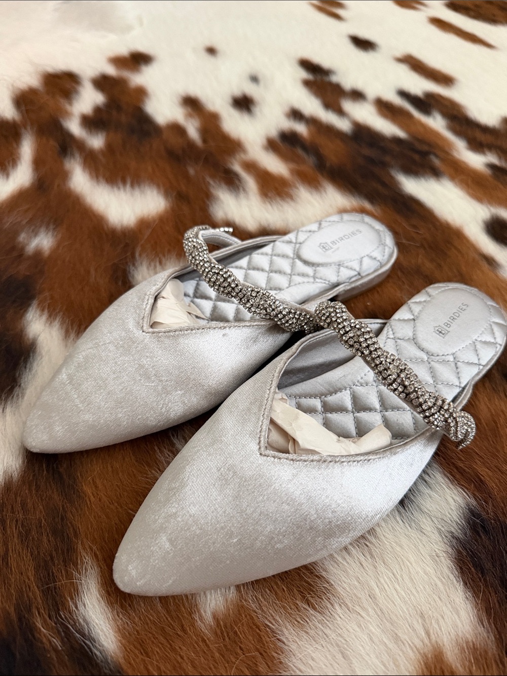 Birdies The Swan mules in Snow
Velvet Crystal Bracelet mule. SZ 6